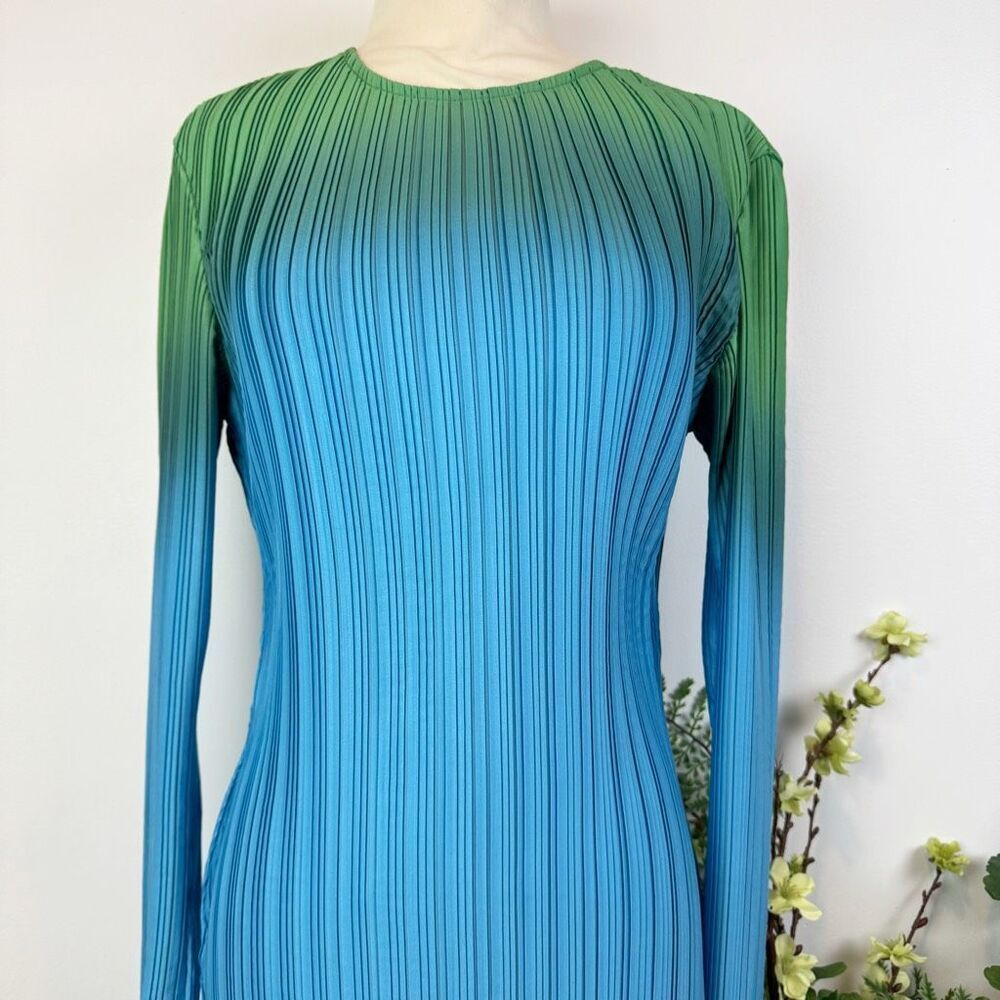 Arthur * Ribbed Pleated Midi Dress Ombré Blue Green Long Sleeve US 6 Free People - Picture 3 of 15